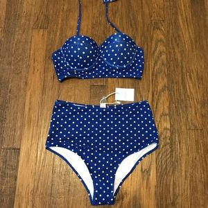 Blue and White Polka Dot High Waisted Bikini